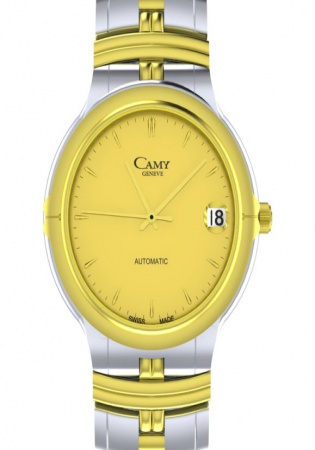 Camy geneve 18k gold plated / ss automatic yellow dial leather men's wristwatch