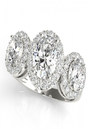 14k white gold three stone oval halo engagement ring