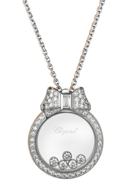  18kt white chopard round diamond pendant with diamond bow H0