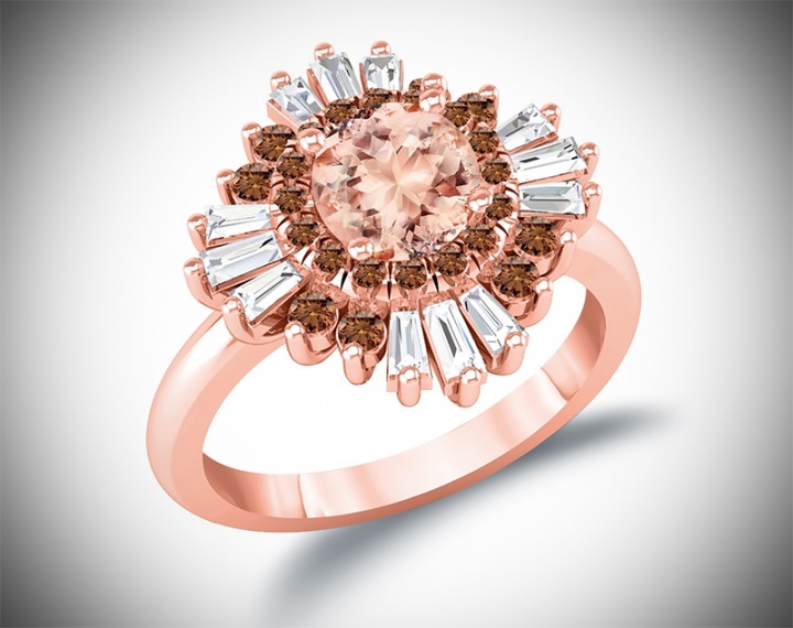 14k rose gold art-deco 1ct morganite and 1ct baguette diamond sunburst halo engagement ring H0