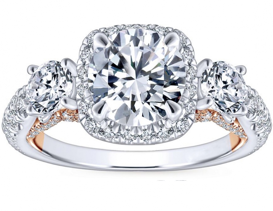 18k white rose gold round 3 stone halo engagement ring H0