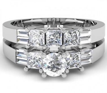 14k white gold round princess & baguette diamond ladies bridal 3 stone engagement ring wedding band set 3 1/10 ct H0