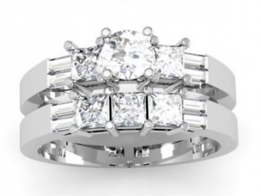 14k white gold round princess & baguette diamond ladies bridal 3 stone engagement ring wedding band set 3 1/10 ct H1