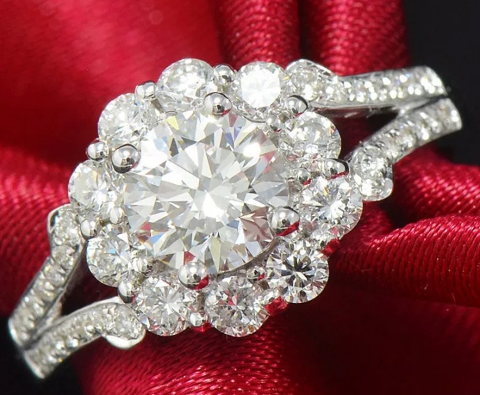 Luxury 3 ct effect lady engagement wedding ring pure 750 white gold diamond H0