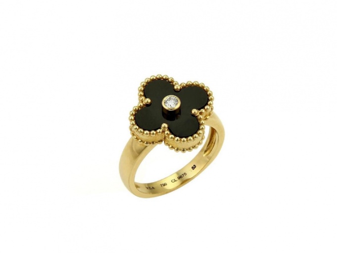 Van cleef & arpels vintage alhambra black diamond 18k yellow gold women' ring H0