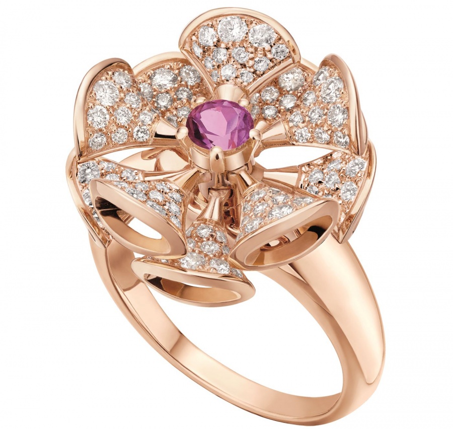 Bvlagari bulgari 18k rose gold pink sapphire and diamond diva dream ring H0