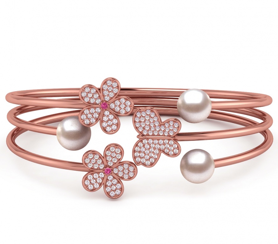 14k rose gold diamond and pink sapphire & white pearl butterfly flower bangle bracelet H0
