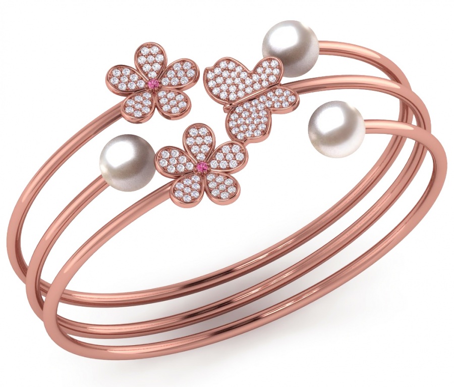 14k rose gold diamond and pink sapphire & white pearl butterfly flower bangle bracelet H1