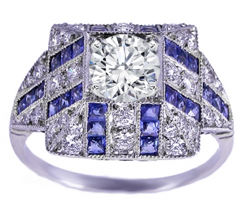 14k white gold art deco blue sapphire diamond dome engagement ring H0