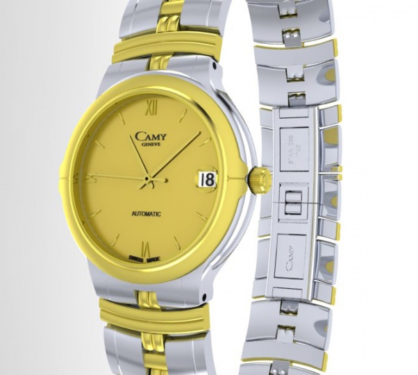 Camy geneve 18k gold plated / ss automatic yellow dial leather men's wristwatch H0