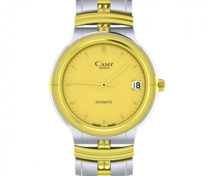 Camy geneve 18k gold plated / ss automatic yellow dial leather men's wristwatch H1