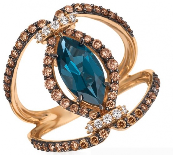 Deep sea blue topaz vanilla and chocolate diamond 14k strawberry gold pendant ring H0