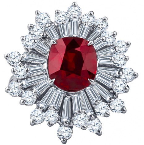 3.97 carat ruby center and fine baguette round diamonds, gia report included H0