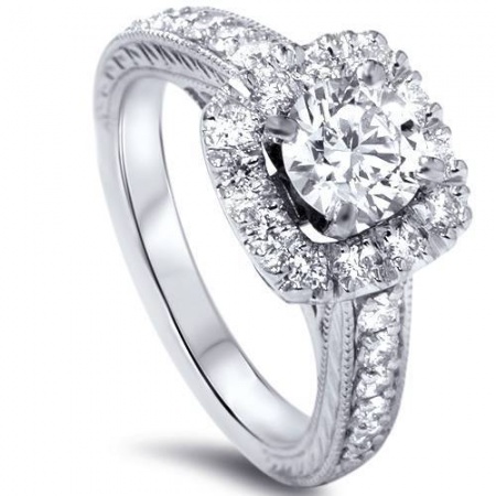 1 1/2ct cushion diamond vintage halo engagement ring 14k white gold H0
