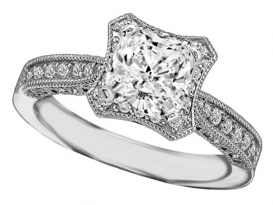 Cushion diamond vintage pave engagement ring & matching wedding ring H0
