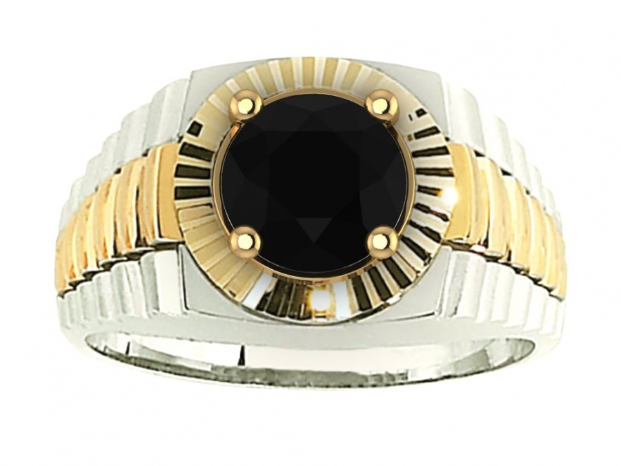 Men's 18k two tone white and yellow gold rolex design crown black diamond ring by abl H0