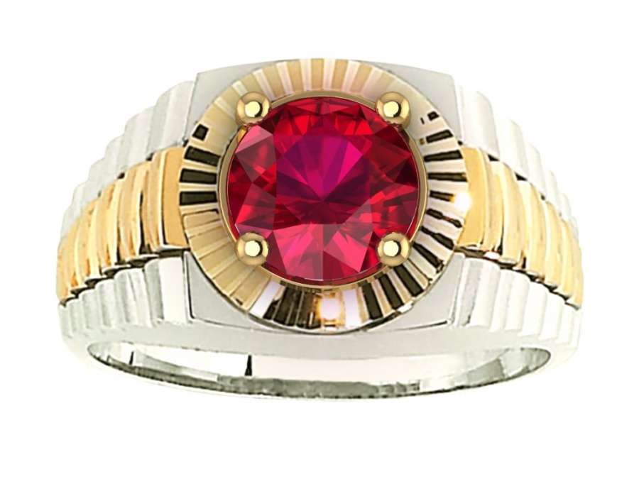 Men's 18k two tone white and yellow gold rolex design crown ruby ring by abl H0