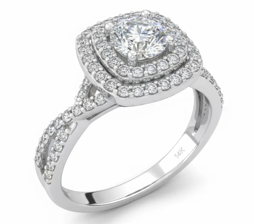 DDG Cushion Shape Halo 14K White Gold Shank Swist Engagement Ring