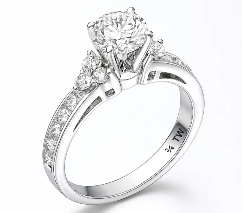 NDI Tri-Stone Sides Diamond Engagement Ring in14K Gold
