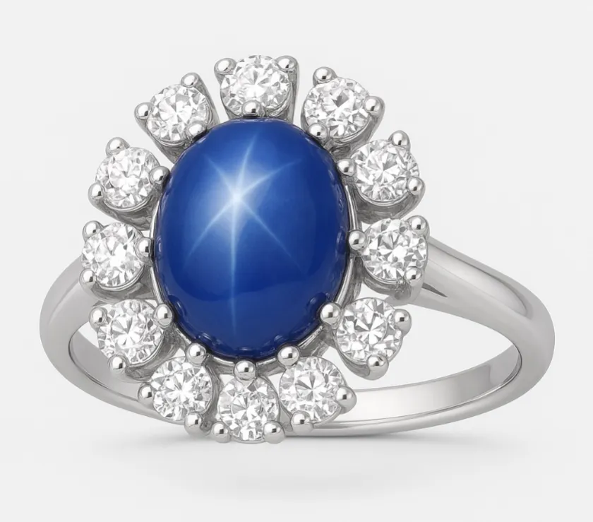GWR Halo Blue Star Sapphire Oval Shape Ring in 14K 