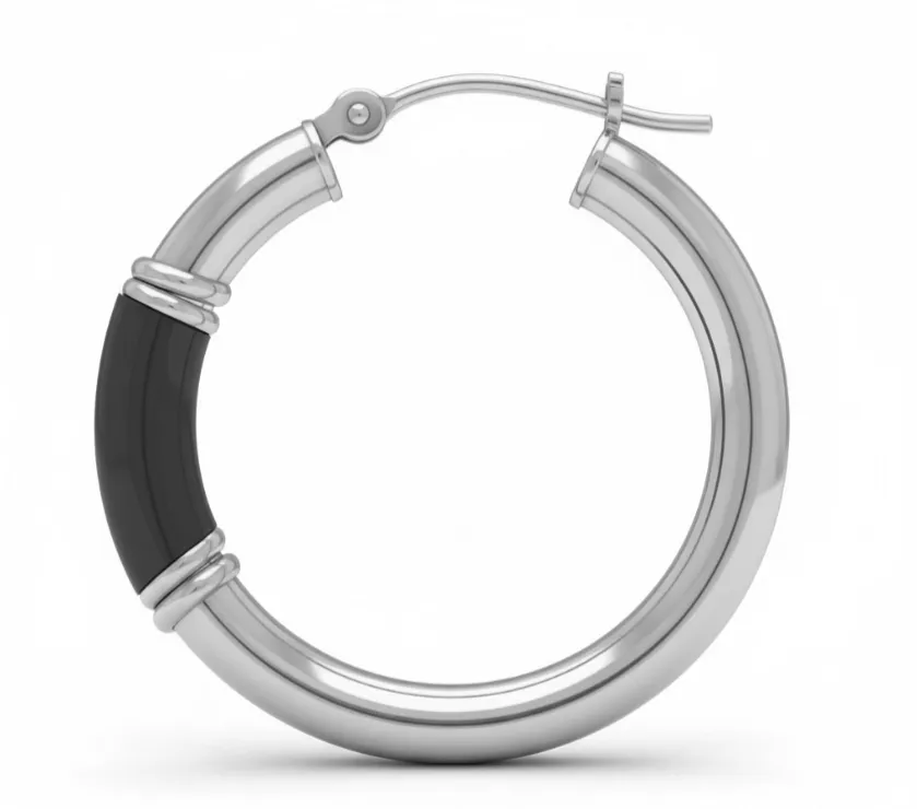 MB Black Enamel Work Round Tube Hoop Snap Earrings in 14k White Gold 2